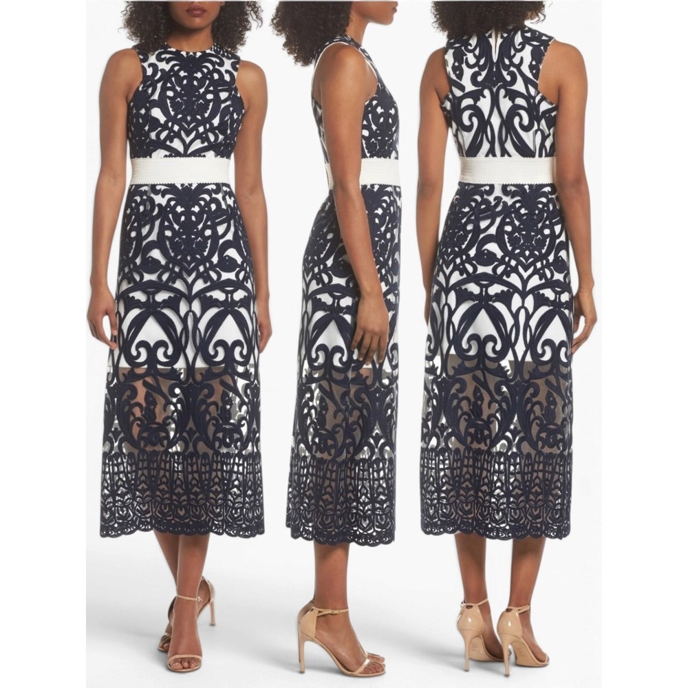 Foxiedox Rosabel Embroidered Lace Midi Dress Navy Ivory Medium Wedding Guest